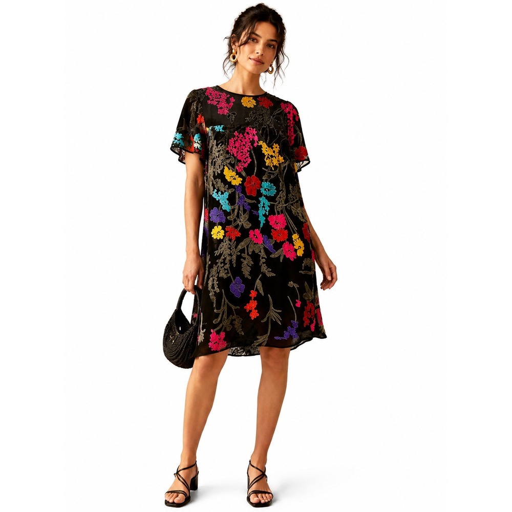 Anthropologie Maeve Womens Alisa Floral Burnout Velvet Dress Black Colorful‎ 8